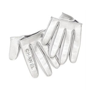 Authentic Chanel Silver Leather Gloves Size S